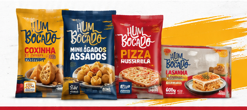 Embalagens Hum Bocado: coxinha, mini salgados assados, pizza mussarela e lasanha