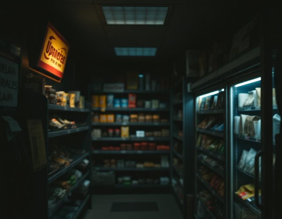 Interior de loja de conveniência com prateleiras de snacks