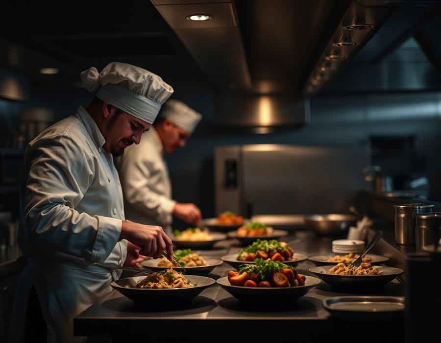 Cozinha profissional com chefs finalizando pratos