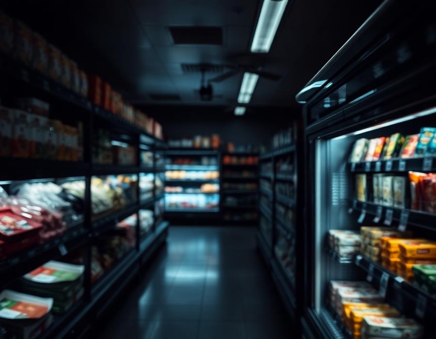 Corredor de supermercado com produtos congelados