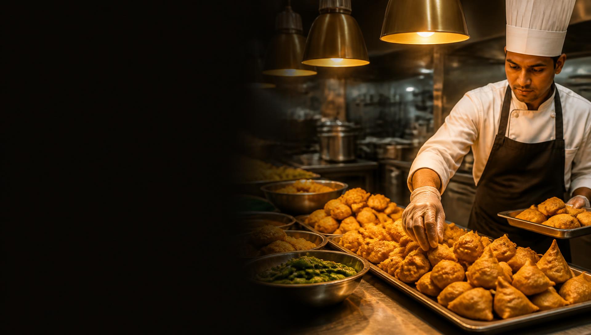 Cozinha profissional com bandejas de salgados prontos para o serviço