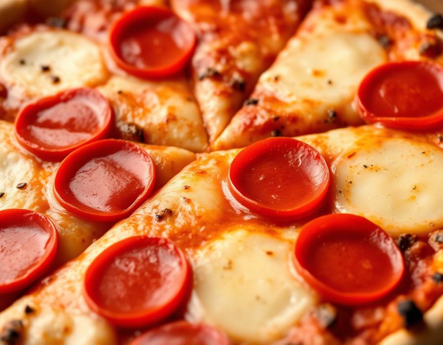 Fatias de pizza com queijo derretido e calabresa